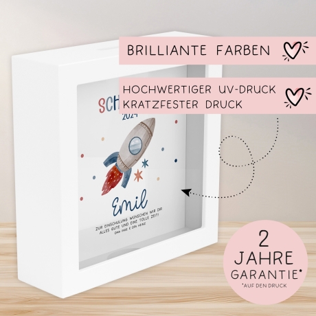 Spardose Rakete Schulkind 2024 Einschulung mit Wunschname Name Kind personalisiert Kinder Geburtstagsgeschenk mit optionalen Wunschtext