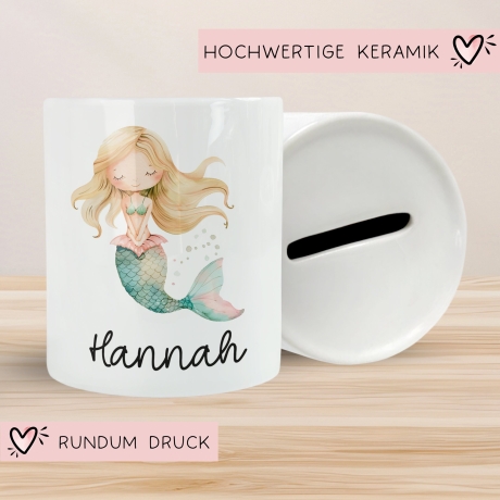 Spardose Meerjungfrau Personalisiert mit Name oder Wunschnamen für Mädchen aus Keramik. Geschenk Taufe, Geburtstag od. Weihnachten - 06