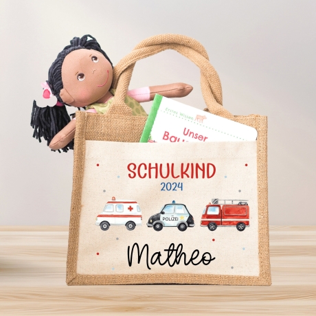 RTW Polizeiwagen Feuerwehr Krankenwagen Schulkind Tasche Wunschnamen | 100% Jute | Geschenk Einschulung | Schultüte personalisiert | Schule