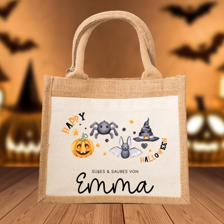 Halloween Tasche mit Namen | Süßes oder Saures | Wunschnamen | Candy Bag aus Jute | Tragetasche für Kinder für Süßigkeiten | Kürbis Spinne