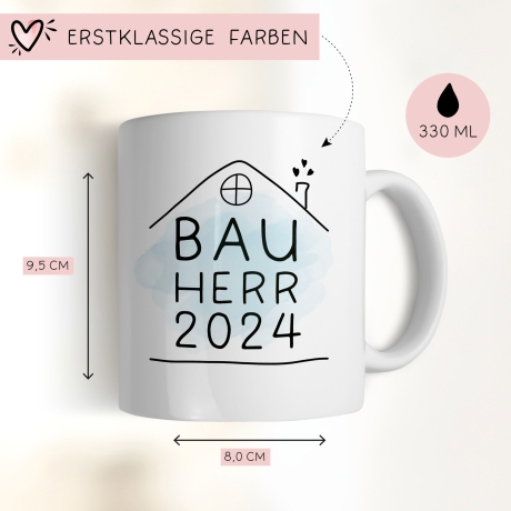 Set Bauherr Bauherrin Tasse 2024 Name, Richtfest Geschenk, Becher Geschenke zum Richtfest, Geschenkideen zum Hausbau Einweihung Hausbauer
