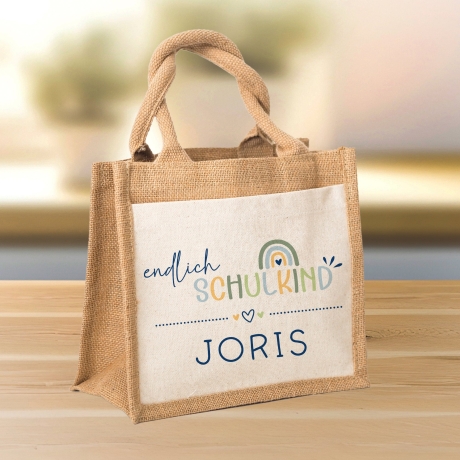 Endlich Schulkind 2024 personalisiert mit Namen Tasche Schultasche, Geschenk Einschulung, personalisierte Jutetasche, Einschulungsgeschenk