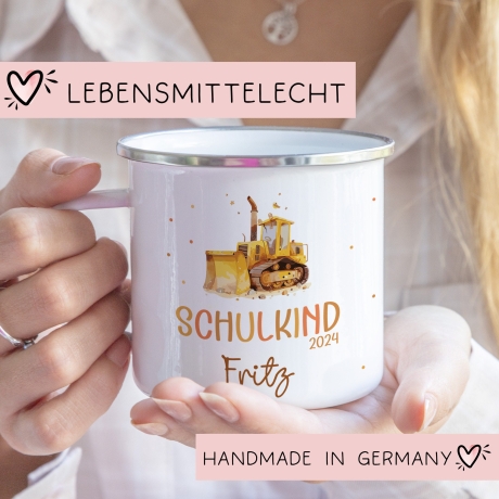 Schulanfang  Schulkind 2024 Emaille Kindertasse, Wunschnamen Bagger Motiv, Personalisierte Einschulung Geschenk