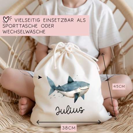 Turnbeutel Wäschebeutel Hai - Personalisiert - Wunschnamen - Kindergarten - Schule - mit Name - Sporttasche - Rucksack - Wechselkleidung
