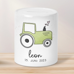 Spardose Trecker Personalisiert Traktor Grün mit Wunschname - Sparschwein -Geschenk-Geburtstag-Weihnachten-Geldgeschenk mit Wunschtext
