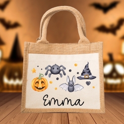 Halloween Stoff Tasche mit Namen | Beutel mit Geist, Kürbis, Spinne & Hut | Candy Bag mit Namen | Tragetasche für Kinder für Süßigkeiten