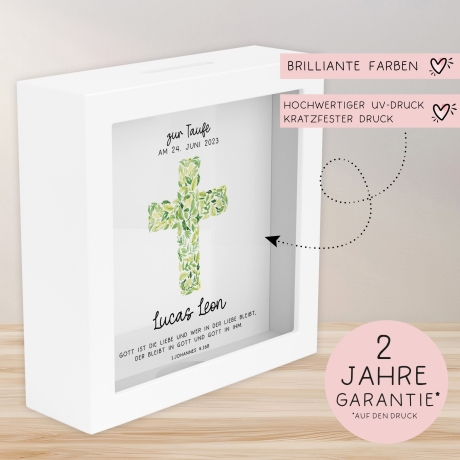 Kreuz Grün Holz Spardose Taufe personalisiert mit Namen zur Geburt Kommunion Konfirmation eines Kindes mit Taufspruch als Geldgeschenk