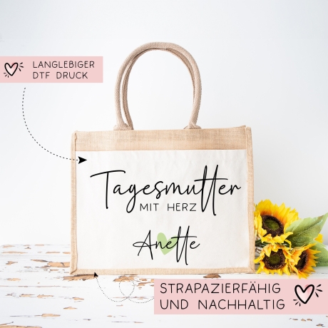 Tagesmutter mit Herz Tasche mit Namen - kleines Geschenk - Dankeschön Juteasche Abschiedsgeschenk - Beste Tagesmutter mit Wunschtext