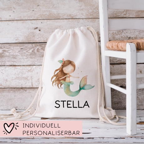 Sportbeutel Meerjungfrau Personalisiert | Nixe mit Wunschnamen Rucksack Schule, Kindergarten, KITA, Wäschebeutel, Turnbeutel, Wechselwäsche