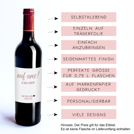 Weinetikett mit Namen, auf uns und das Leben, Wunschname Etikett, Geburtstagsgeschenk für Weinliebhaber - Rosa