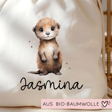 Personalisierte Stofftasche Otter Name - Kinder Beutel Kindertasche mit Wunschname - Wechselwäsche - Wechselkleidung - Tragetasche -Seeotter