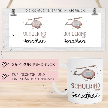 Kindertasse Schulkind mit Hubschrauber-Motiv - personalisierte Kakao Tasse mit Namen - ideales Kindergeschirr - perfektes Geschenk Kinder
