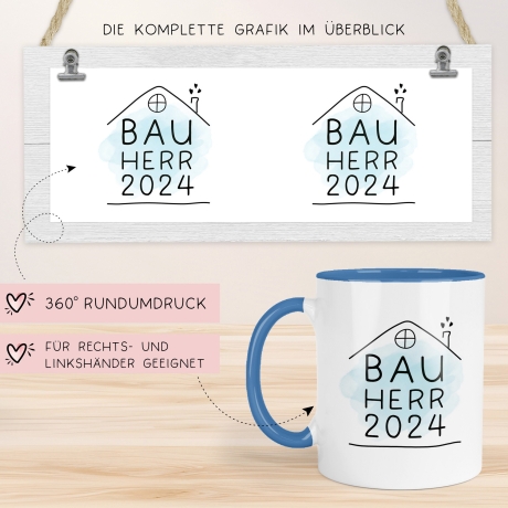 Set Bauherr Bauherrin Tasse 2024 Name, Richtfest Geschenk, Becher Geschenke zum Richtfest, Geschenkideen zum Hausbau Einweihung Hausbauer