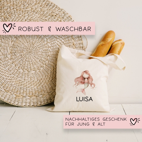 Einschulung Stofftasche Meerjungfrau Personalisiert  Kindergarten Wäschebeutel Kinder-Beutel mit Wunschnamen für Schule, Wechselwäsche