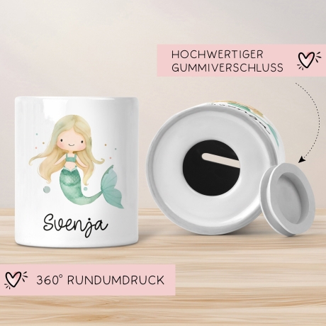 Spardose Meerjungfrau Personalisiert mit Name oder Wunschnamen für Mädchen aus Keramik. Geschenk Taufe, Geburtstag od. Weihnachten - 04