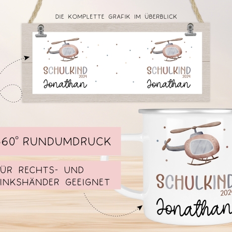 Hubschrauber Kindertasse Schulkind Name Emaille Tasse Kind Kindergeschirr personalisiert Kinder Geschenk Schulanfang Geburtstagsgeschenk