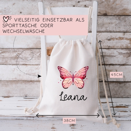 Turnbeutel Schmetterling Personalisiert | Rucksack mit Wunschnamen | Gymbag, Sportbeutel für Schule, Kindergarten, Wäsche, Trainingsbeutel