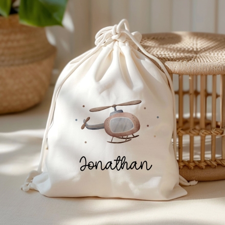Hubschrauber Turnbeutel Rucksack mit Namen - GymBag als Wäschebeutel, Sportbeutel Kinderbeutel für Schule, Kindergarten, Kita.Personalisiert