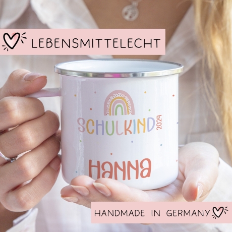 Schulanfang Kindertasse Schulkind Name Emaille Tasse Kind Kindergeschirr personalisiert Kinder Hubschrauber LKW Rakete Regenbogen Bär Ufo