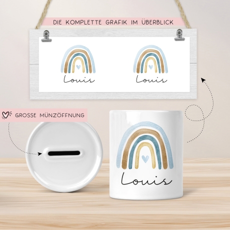 Personalisierte Kinder Spardose Regenbogen Aquarell mit Namen und Datum - Blau - Geschenk für Mädchen zum Geburtstag Weihnachten Firmung