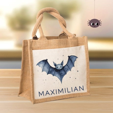 Personalisierte Halloween Tasche | Beutel mit Fledermaus und Name| Candy Bag mit Namen | Tragetasche für Kinder für Süßigkeiten an Halloween