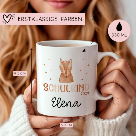 Kindertasse Schulkind 2024 Fuchs Name Tasse Kind Kindergeschirr personalisiert Kinder Geschenk Kakao Becher Einschulung