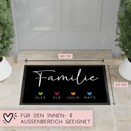 Personalisierte Fußmatte - Fussmatte mit Wunschnamen | Familie mit Herzen | 60x40 cm | Geschenkidee zum Umzug, Einzug für Familien, Umzug