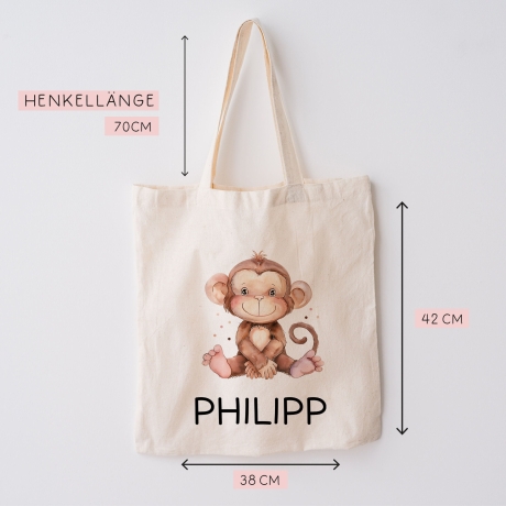 Kinder-Beutel mit Namen personalisiert - Affe - Stofftasche als Sporttasche, Wechselwäsche, Tragetasche - Kita, Kiga, Schule & Kindergarten