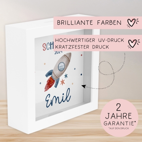 Einschulung Spardose Rakete Schulkind 2024 mit Wunschname Name Kind personalisiert Kinder Geburtstagsgeschenk mit Wunschtext