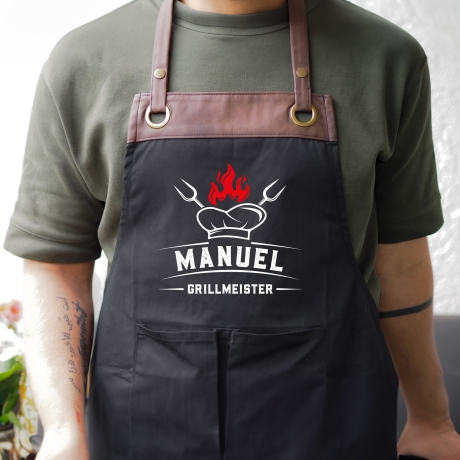 Grillschürze personalisiert für Männer mit Name Kunstleder Applikation zum Geburtstag - Geschenk Weihnachten Baumwollschürze, Küchenschürze