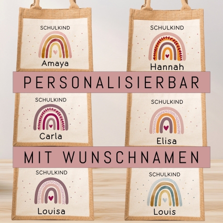 Einschulung Jute Pocket Tasche Personalisiert mit Wunschnamen | Schulkind Regenbogen Herz als Geschenktasche für Schulanfang - 1 Schultag