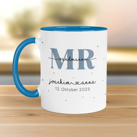 Mr & Mrs Tasse Hochzeit personalisiert mit Wunschnamen und Datum – Namenstasse Hochzeitsgeschenk - Braut Bräutigam – Kaffeetasse - 330 ml