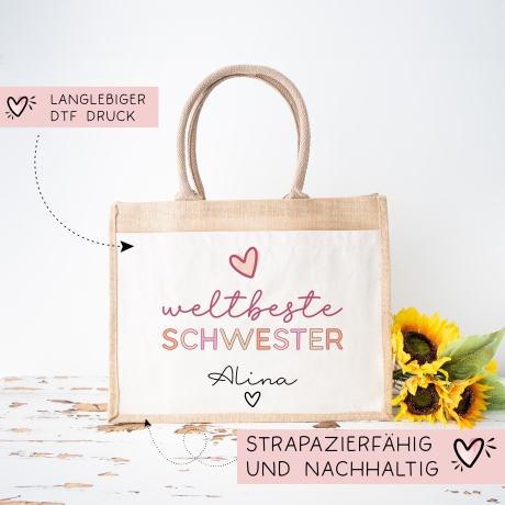 Weltbeste Schwester Tasche Stoffbeutel - mit Wunschname - Einkaufstasche - Tolle Geschenkidee für mit Namen zum Geburtstag Personalisiert