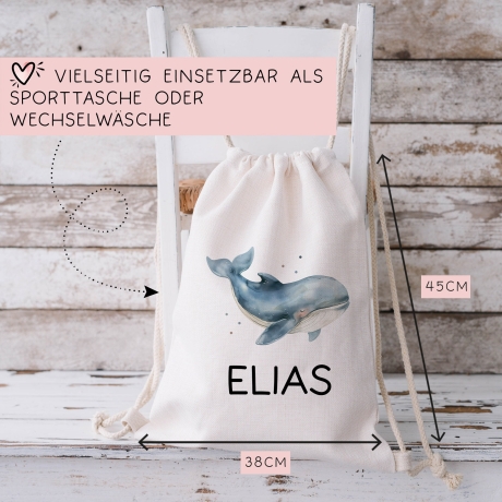 Personalisierter Turnbeutel Wal Wunschnamen |  Rucksack für Schule, Kindergarten, KITA , KIGA | als Wäschebeutel, Sportbeutel l Tierkinder