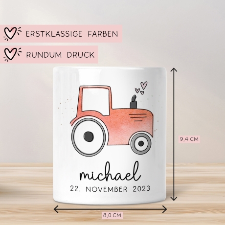 Personalisierte Spardose Trecker Traktor Rot mit Wunschname - Sparschwein -Geschenk-Geburtstag-Weihnachten-Geldgeschenk mit Wunschtext