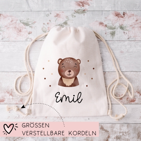 Turnbeutel Rucksack mit Namen und einem Bär -GymBag als Wäschebeutel, Sportbeutel Kinderbeutel für Schule, Kindergarten, Kita.Personalisiert