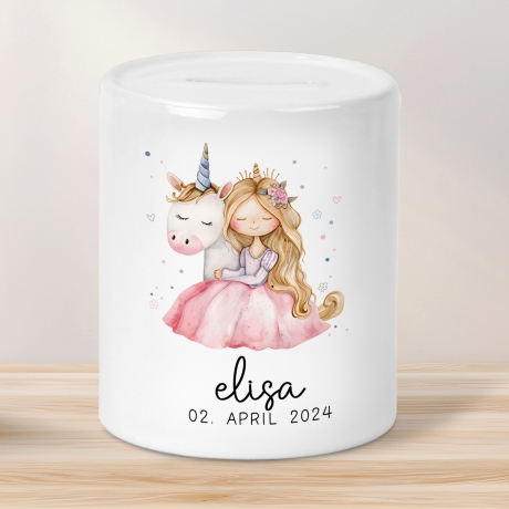 Spardose Einhorn & Prinzessin Name Personalisiert für Mädchen zum Geburtstag, Taufe Kommunion Firmung Konfirmation, Weihnachten - Keramik