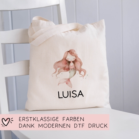 Einschulung Stofftasche Meerjungfrau Personalisiert  Kindergarten Wäschebeutel Kinder-Beutel mit Wunschnamen für Schule, Wechselwäsche