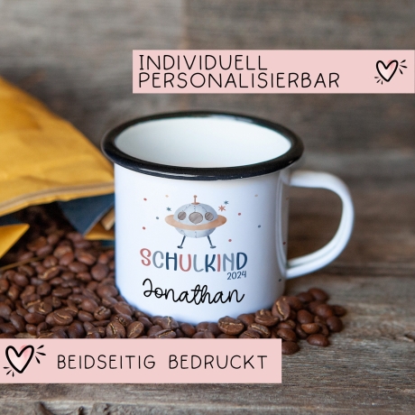 Schulanfang Kindertasse Schulkind 2024 Einschulung Name Emaille Tasse Kind personalisiert Kinder Hubschrauber LKW Rakete Regenbogen Bär Ufo