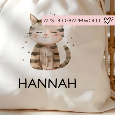 Personalisierter Turnbeutel mit einer Katze | mit Wunschnamen | Tierkinder | Rucksack für Schule, Kindergarten, KITA und KIGA Wäschebeutel
