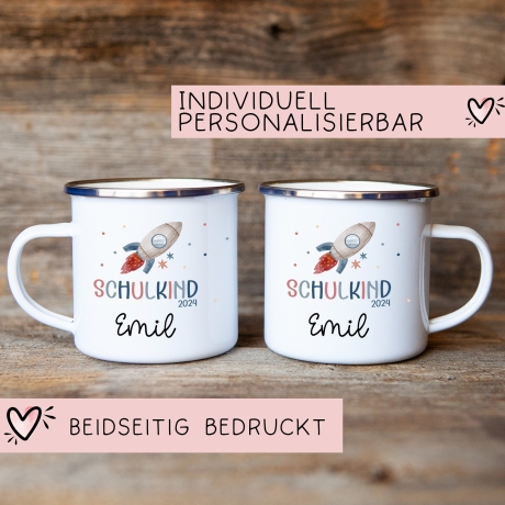 Schulanfang Kindertasse Schulkind Name Emaille Tasse Kind Kindergeschirr personalisiert Kinder Hubschrauber LKW Rakete Regenbogen Bär Ufo