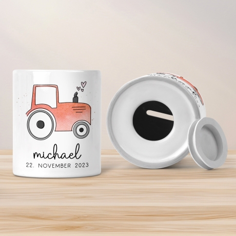 Personalisierte Spardose Trecker Traktor Rot mit Wunschname - Sparschwein -Geschenk-Geburtstag-Weihnachten-Geldgeschenk mit Wunschtext