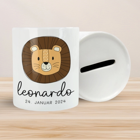 Personalisierte Spardose Löwe - mit Namen personalisiert - Geschenk für Jungen & Mädchen zum Geburtstag Weihnachten - Für Kinder zum sparen