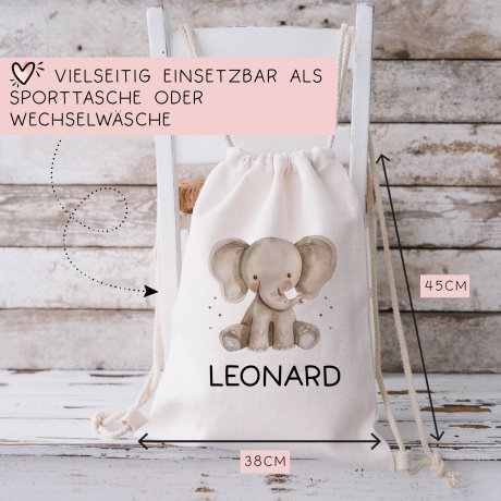 Kinder-Beutel mit Namen personalisiert - Elefant - Stofftasche als Sporttasche, Wechselwäsche, Tragetasche - Kita, Schule & Kindergarten
