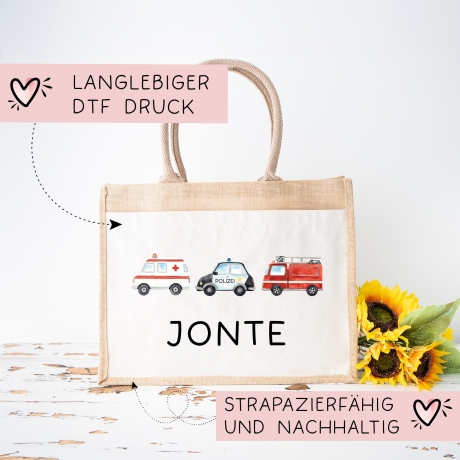 Tasche mit Wunschnamen RTW Polizeiwagen Feuerwehr Krankenwagen | 100% Jute | Geschenk Geschenk zum Geburtstag, Nikolaus, Weihnachten Ostern
