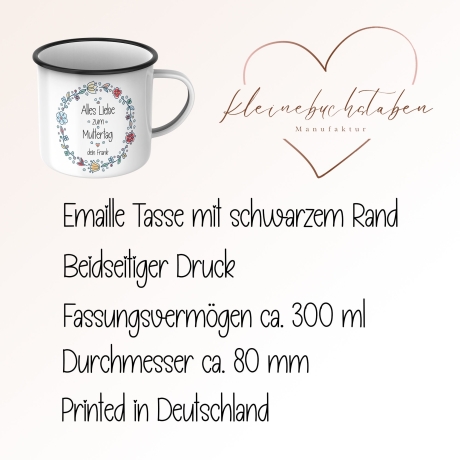 Personalisierte Tasse Emaille Becher Geschenk zum Muttertag. Motiv: Alles liebe zum Muttertag mit Wunschnamen. Beidseitiger Druck. Blumen
