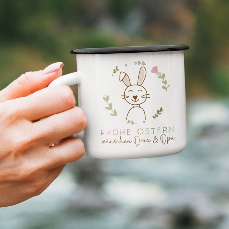 Osterbecher personalisiert mit Namen Frohe Ostern - Hase, Ostergeschenk für Kinder Männer Frauen Geschenkidee zu Ostern. Geschenk Emaille