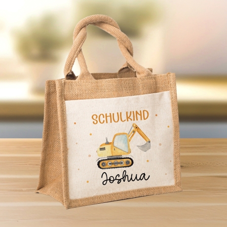 Bagger Schulkind 2024 Pocket Tasche mit Wunschnamen | 100% Jute | Schaufelbagger Baustelle | Geschenk Einschulung | Schultüte personalisiert