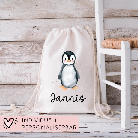 Turnbeutel Wäschebeutel Pinguin - Personalisiert - Wunschnamen - Schule - mit Name - Rucksack - Wechselkleidung - Weihnachten - Geburtstag