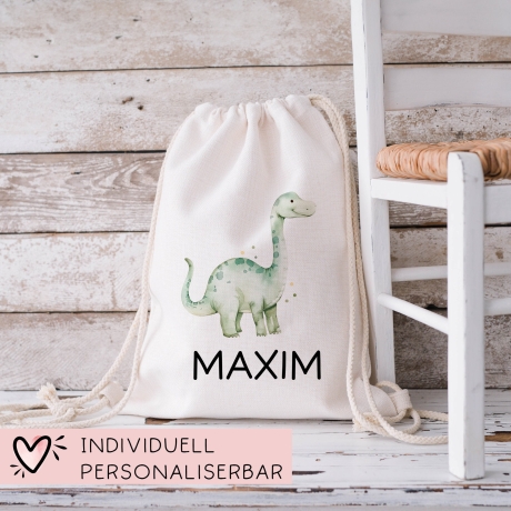 Turnbeutel Brontosaurus Dino Dinosaurier Personalisiert mit Wunschnamen | Rucksack Schule, Kindergarten, KITA, Wäschebeutel, Sportbeutel